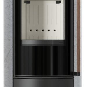 Piec wolnostojący KRATKI ERIK Ø 150 5,5 kW ozdobna ceramika akumulacyjna GREY SATIN pokrywa stalowa; klamka z drewna egzotycznego Jatoba