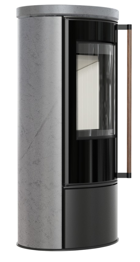 Piec wolnostojący KRATKI ERIK Ø 150 5,5 kW ozdobna ceramika akumulacyjna GREY SATIN pokrywa ceramiczna; klamka z drewna egzotycznego Jatoba, z domykaniem - obrazek 2