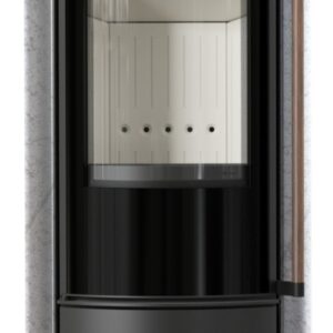 Piec wolnostojący KRATKI ERIK Ø 150 5,5 kW ozdobna ceramika akumulacyjna GREY SATIN pokrywa ceramiczna; klamka z drewna egzotycznego Jatoba