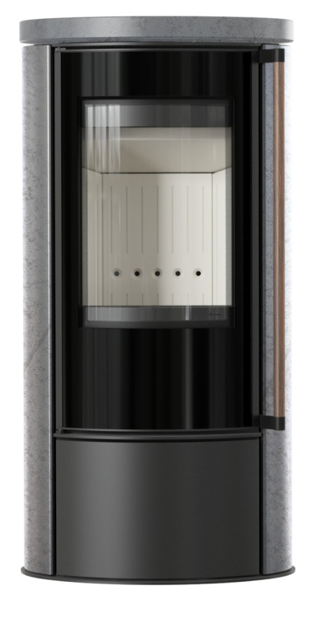 Piec wolnostojący KRATKI ERIK Ø 150 5,5 kW ozdobna ceramika akumulacyjna GREY SATIN pokrywa ceramiczna; klamka z drewna egzotycznego Jatoba, z domykaniem