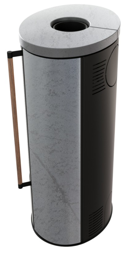 Piec wolnostojący KRATKI ERIK Ø 150 5,5 kW ozdobna ceramika akumulacyjna GREY SATIN pokrywa ceramiczna; klamka z drewna egzotycznego Jatoba, z domykaniem - obrazek 3